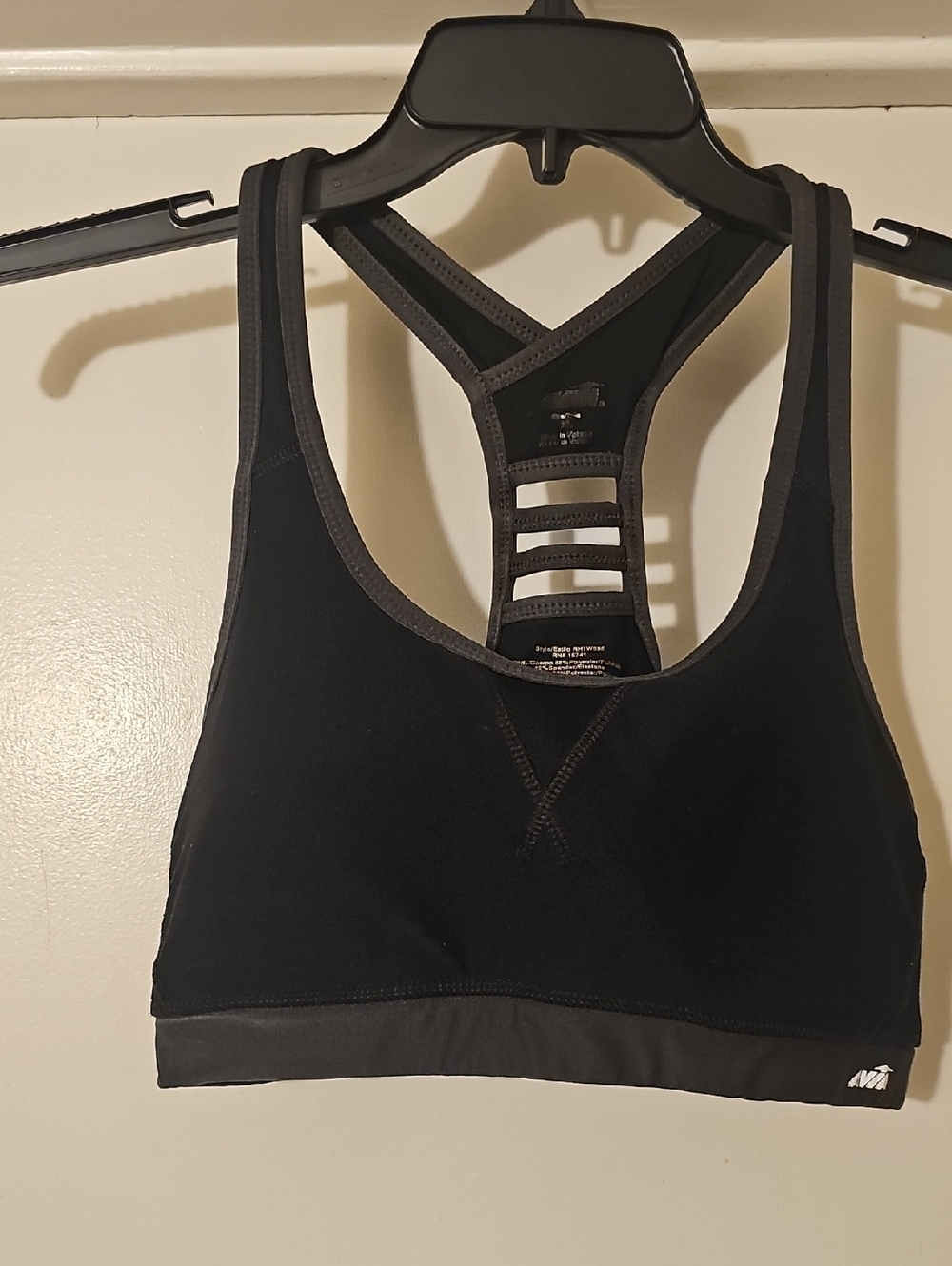 Avia Black Sports Bra with Gray Trim and Strappy Racerback Tote 10